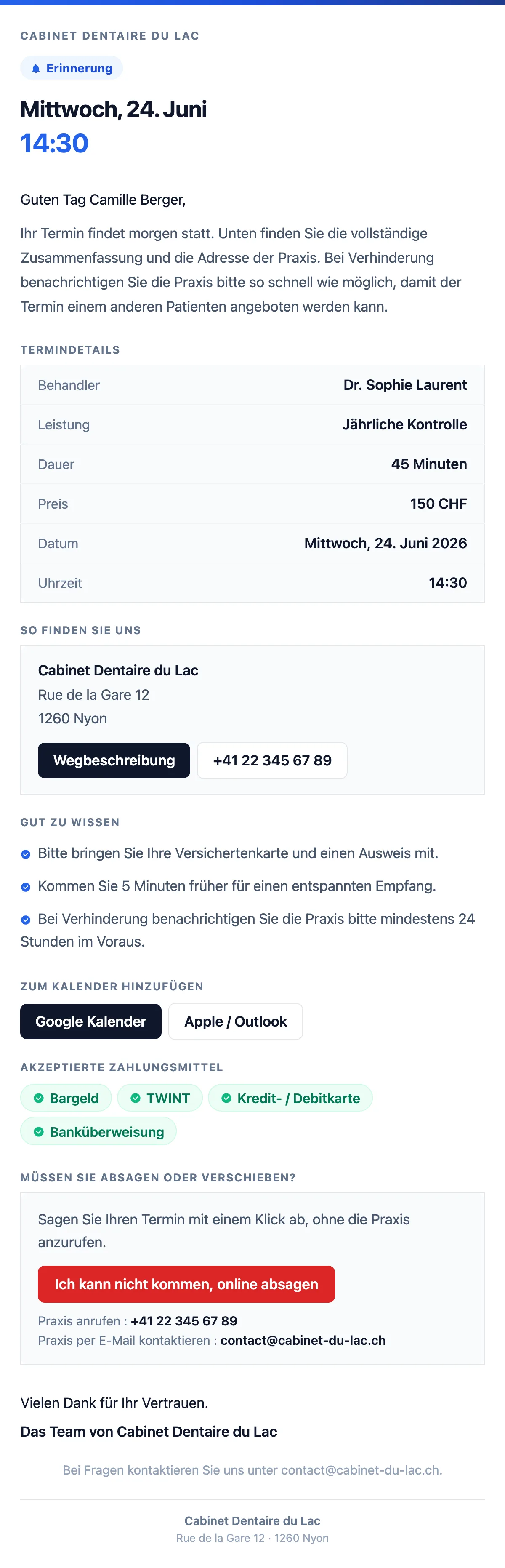 Erinnerung, am Vortag