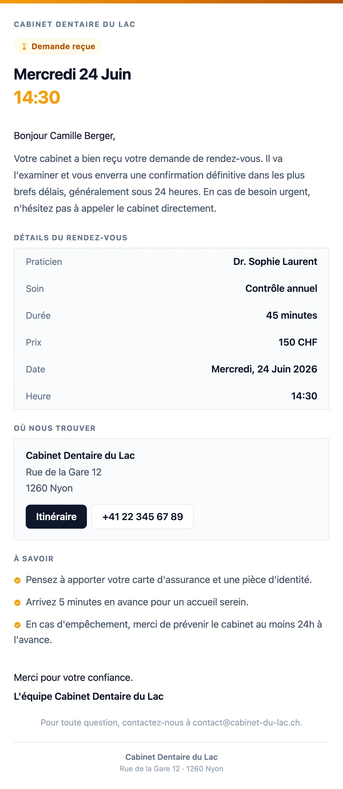 Demande de rendez-vous reçue